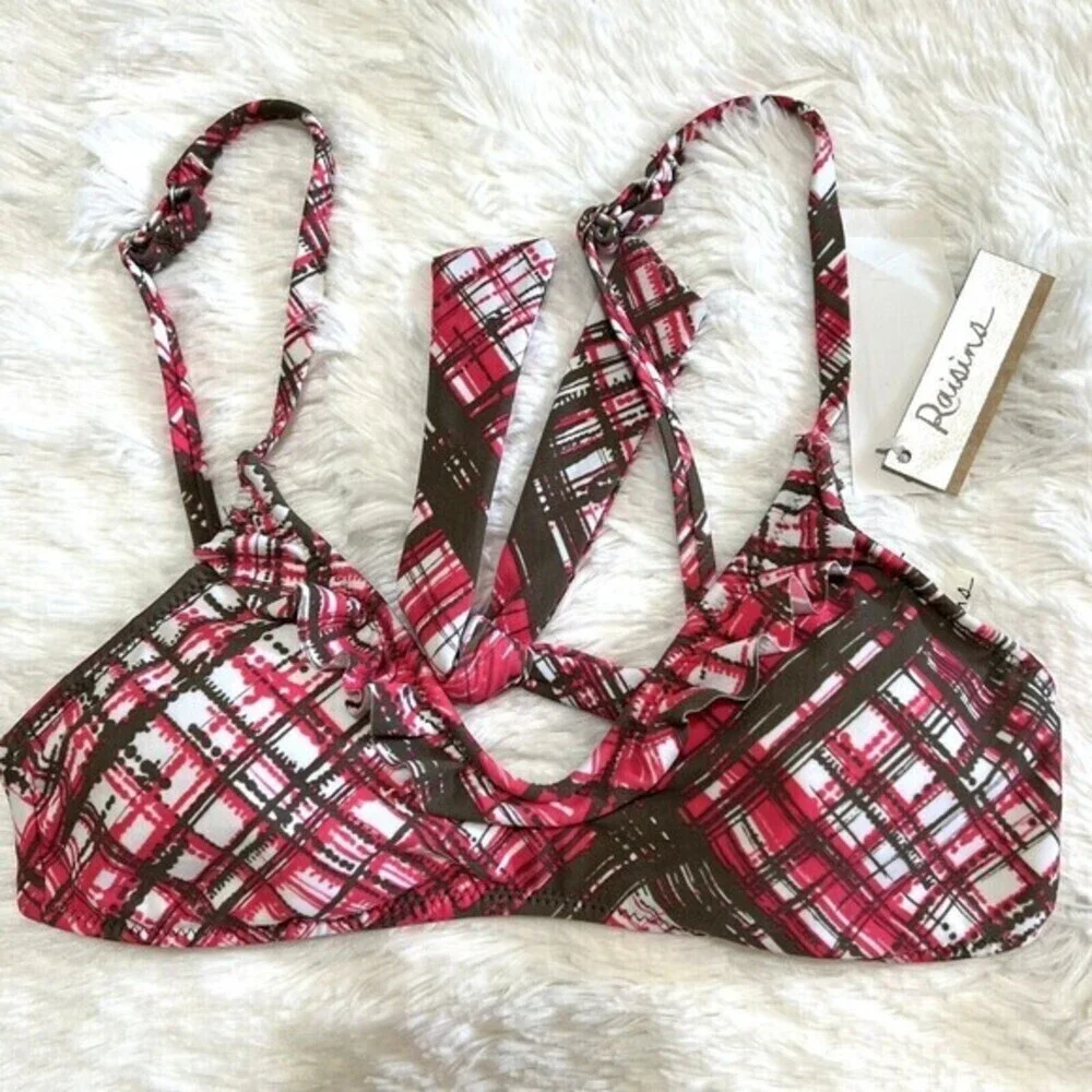 RAISINS Girl's Ruffle Swim Bikini Top Size M Plaid Pink,‎ Brown, White